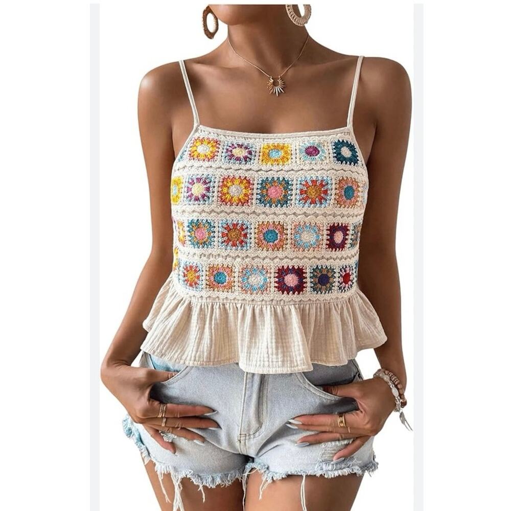 Granny Square Crochet Boho Cami Crop Top Ruffle Hem Gauze Festival Tank XL